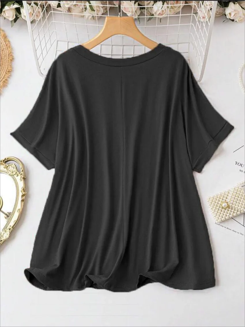 New Plus Size European and American Women's Casual V-neck Solid Color T-shirt