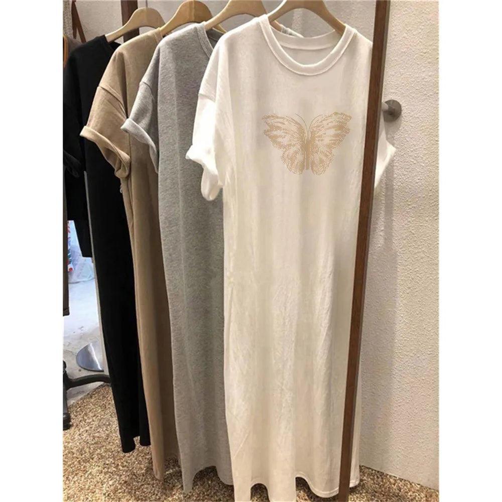 Summer Short Sleeved Dress Women's Korean Ins Butterfly Print Oversized Loose Round Neck Dress