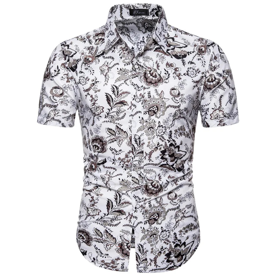Summer New Men's Short Sleeved Shirt Thin Collar Hawaiian Style Floral Shirt Vacation Series Men's Shirt