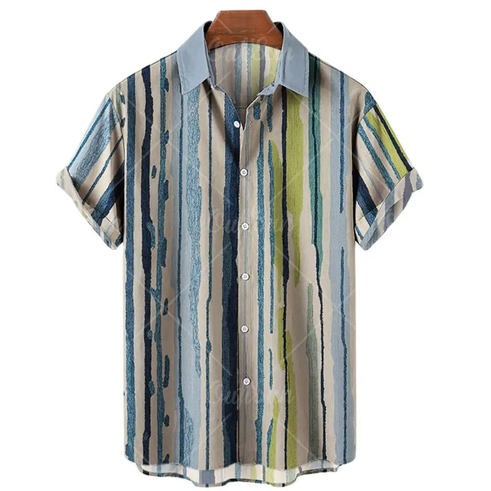 Fashion Men's Striped Casual One Button Shirts Streetwear Short Sleeve Loose Top 3D Digital Printed Blouse Plus Size 5XL