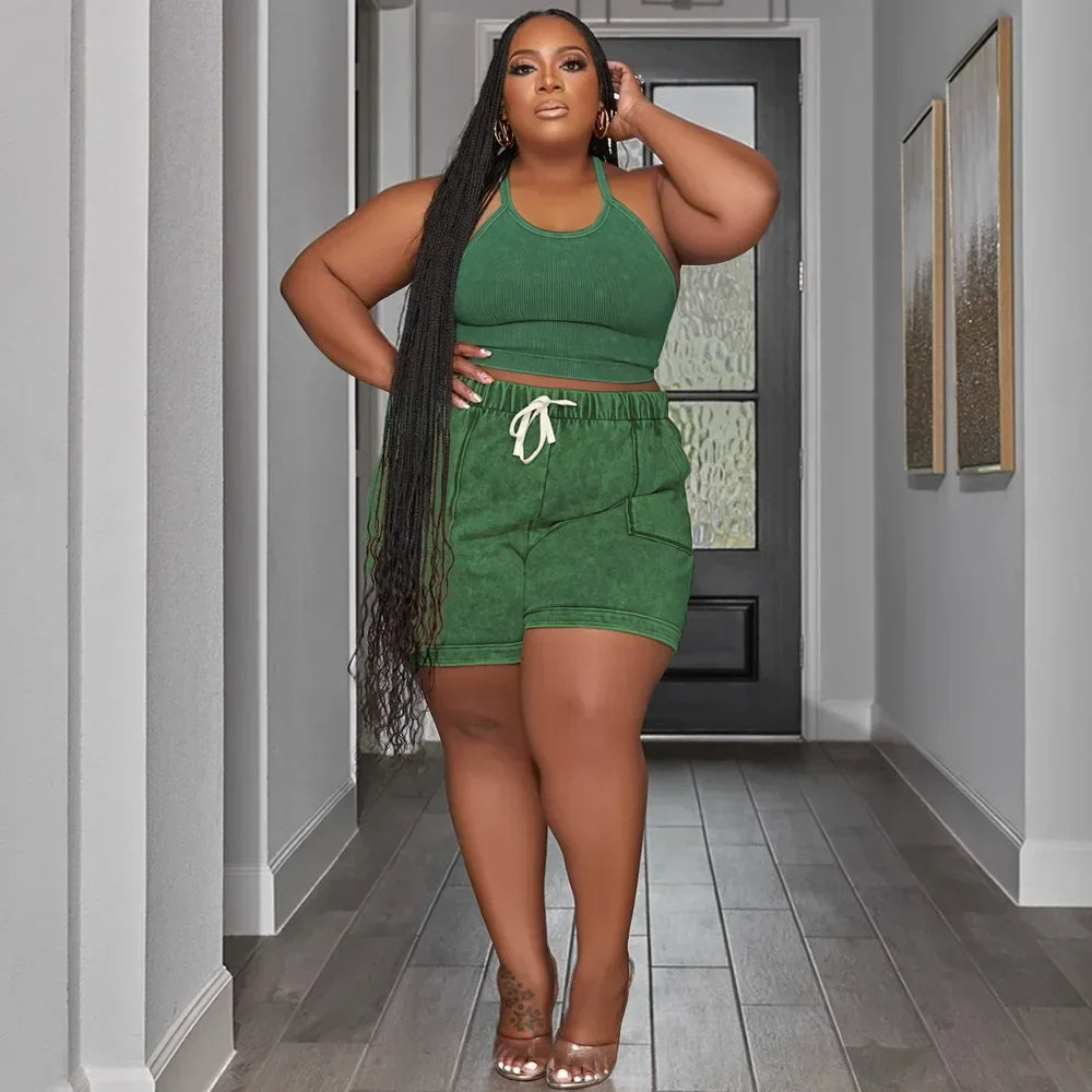 Waterarea Plus Size Women's Set Knit Ribbed Tank Top and Pocket Side Shorts Suit 2025 Summer INS Two 2 Piece Set OutfitTracksuit