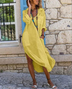 Autumn New Solid Color Cotton Linen Long DressV-neck Button Slit Pockets Loose Breathable Casual Temperament Elegant Shirt Dress