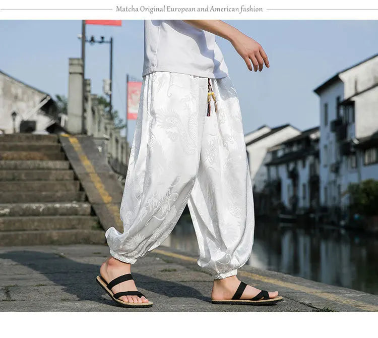 FGKKS 2023 Outdoor Brand Pants For Men Lce Silk Dragon Dark Flower Loose Bloomers High Quality Wide Leg Casual Trousers Male