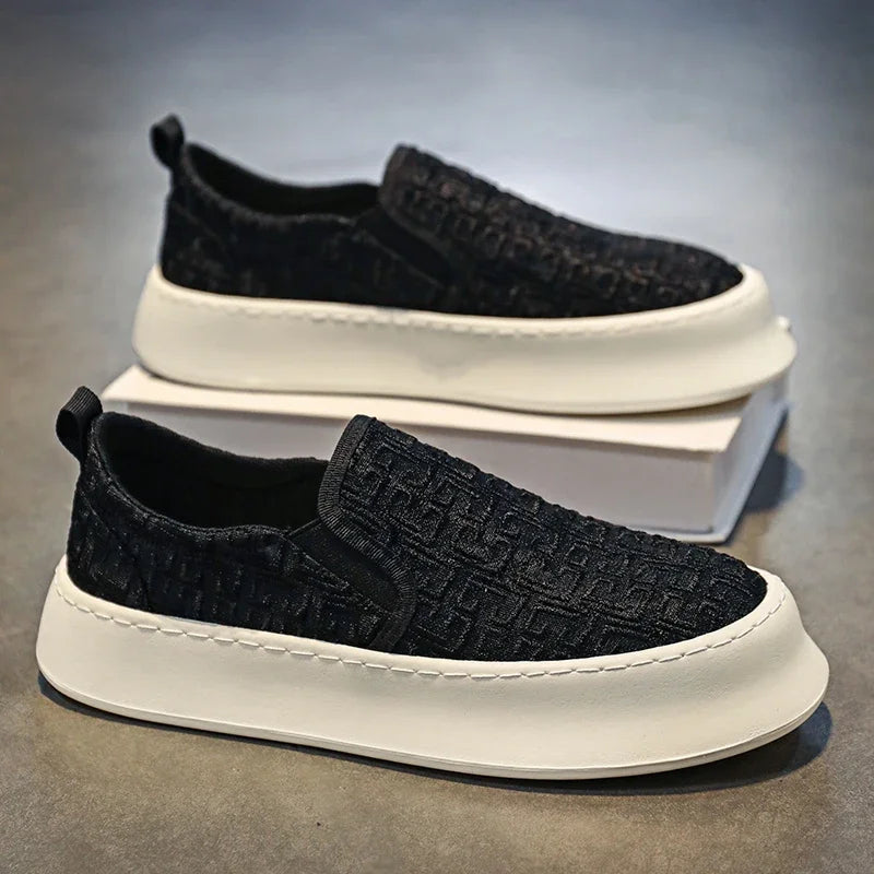 Canva Men's Casual Sneakers Summer Breathable Ice Silk Lazy Shoes Work Cloth Shoes Thick Bottom Black Sports Shoes