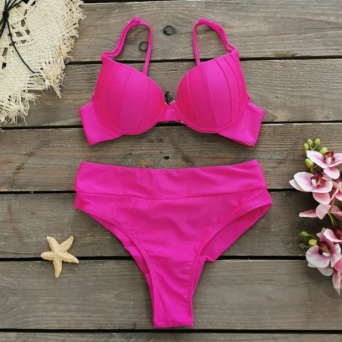 Cheap Push Up Bikinis Women Swimsuits  Solid Padded Women Swimwear Vintage Female Swimsuit High Waist Biquini Bathing Suit