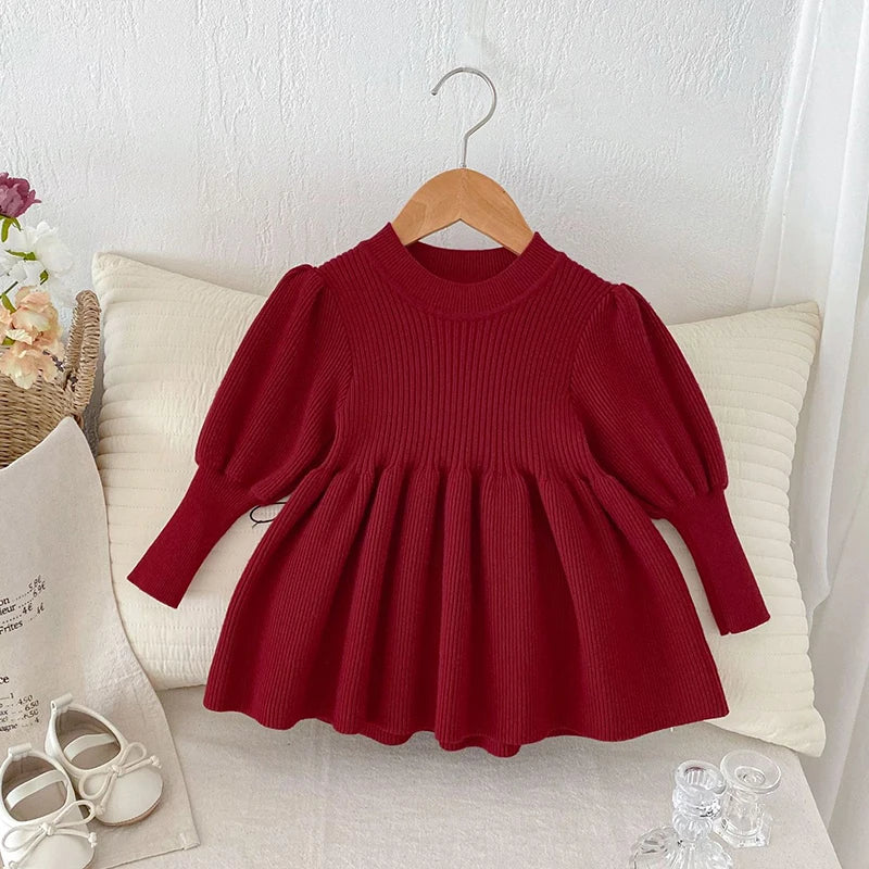 Baby Girls Knit Dress Autumn Winter Princess Dress Knitted Sweater Outfits Long Sleeve Red Christmas Party Dress Kids Clothes