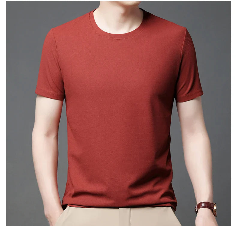 Men's New Summer Waffle round Neck Short Sleeve T-Shirt Comfortable Breathable Short-Sleeved Top for Casual Wear