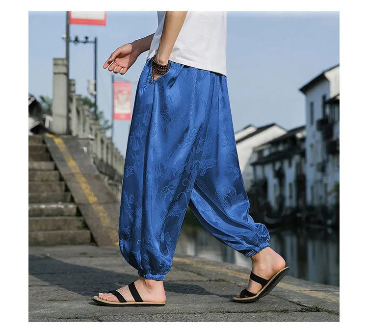 FGKKS 2023 Outdoor Brand Pants For Men Lce Silk Dragon Dark Flower Loose Bloomers High Quality Wide Leg Casual Trousers Male