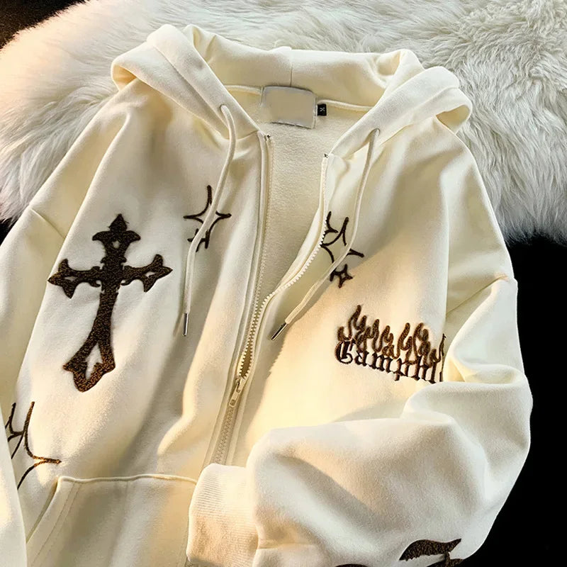 American Style Trendy Brand Embroidered Sport Jacket Oversize Couple Top Cardigan Hooded Sweatshirt Men Spring Autumn Casual Loo