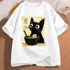 Funny Cat Ramen Graphic Tee Japanese Kawaii Anime Cat T-Shirt Fashion T-shirts Short Sleeve Clothes Trend Casual Unisex Tshirts