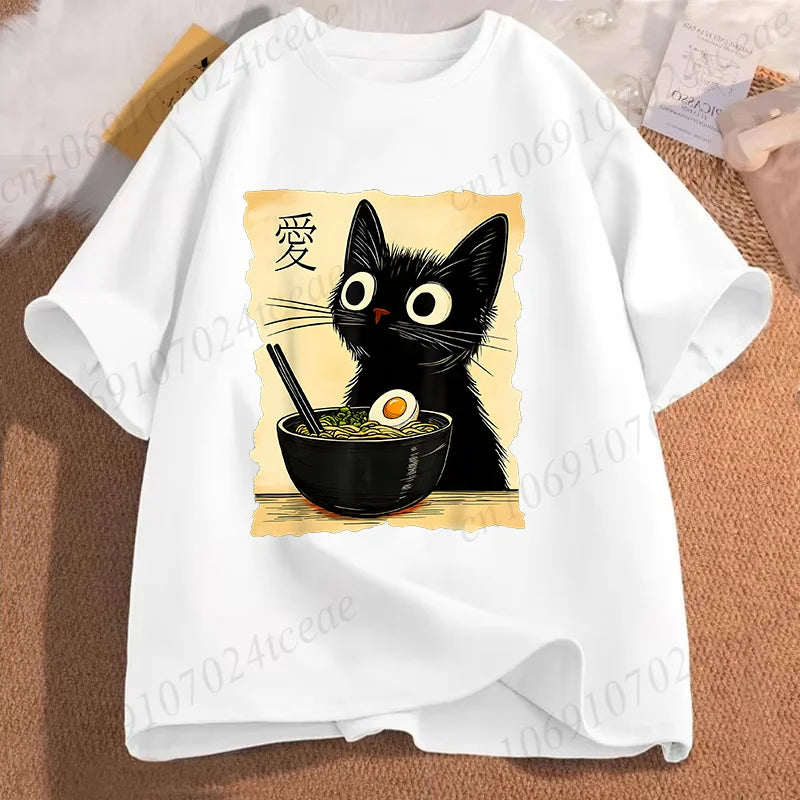 Funny Cat Ramen Graphic Tee Japanese Kawaii Anime Cat T-Shirt Fashion T-shirts Short Sleeve Clothes Trend Casual Unisex Tshirts