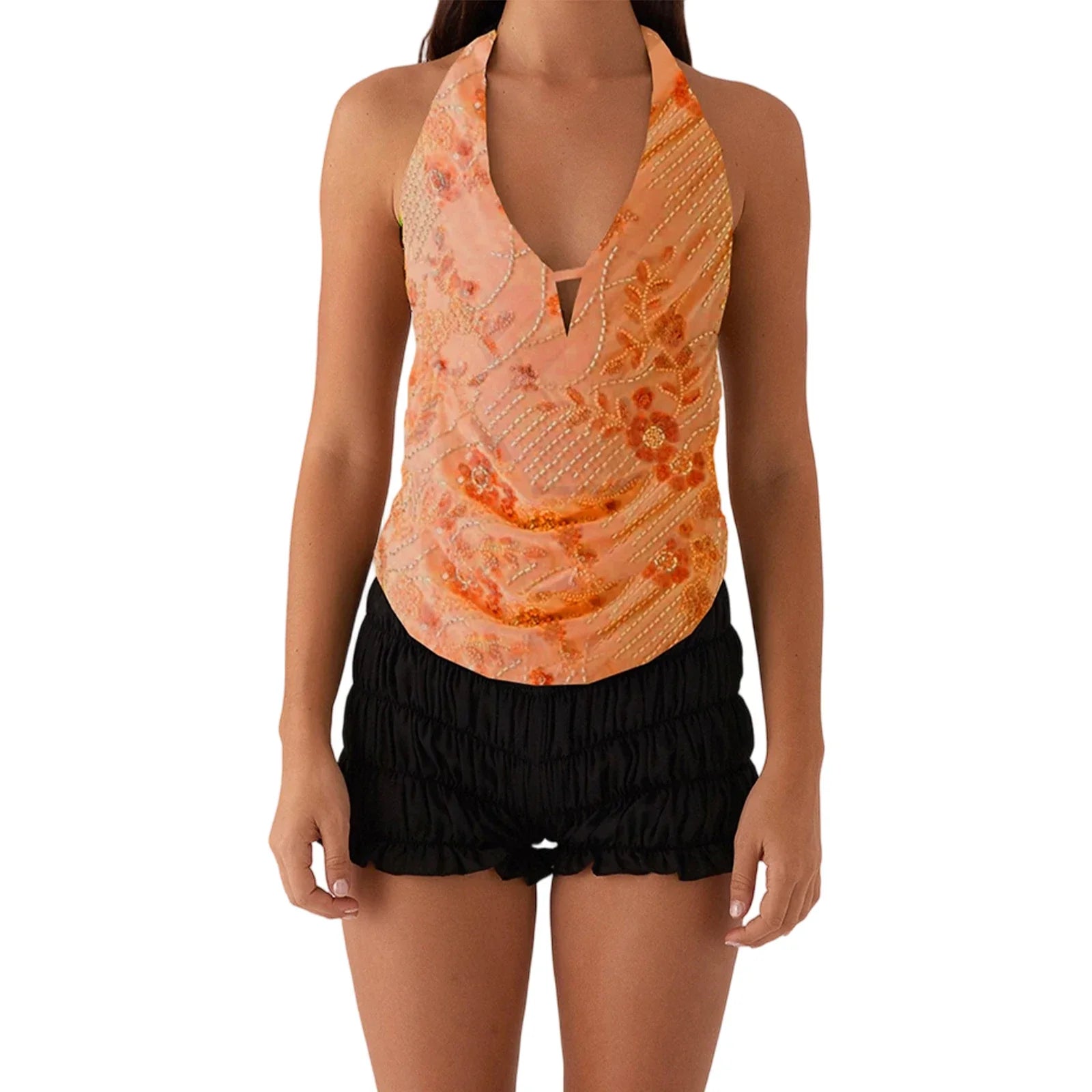 Elegant  Sequins Patchwork Women Halter Tops Summer Beaded Floral Pattern Backless Shirts Vest for Streetwear Aesthetic  Clothes