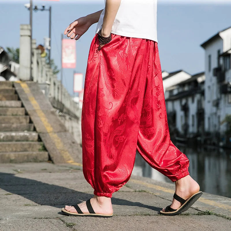 FGKKS 2023 Outdoor Brand Pants For Men Lce Silk Dragon Dark Flower Loose Bloomers High Quality Wide Leg Casual Trousers Male