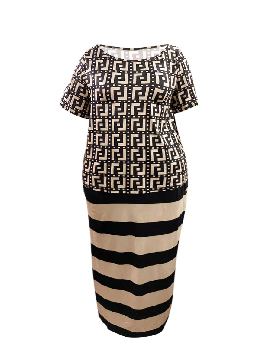 LW Plus Size matching sets Two Piece dress sets Letter Print Striped Skirt Set Fashion Casual Summer Tops+Bottoms Matching Outfi