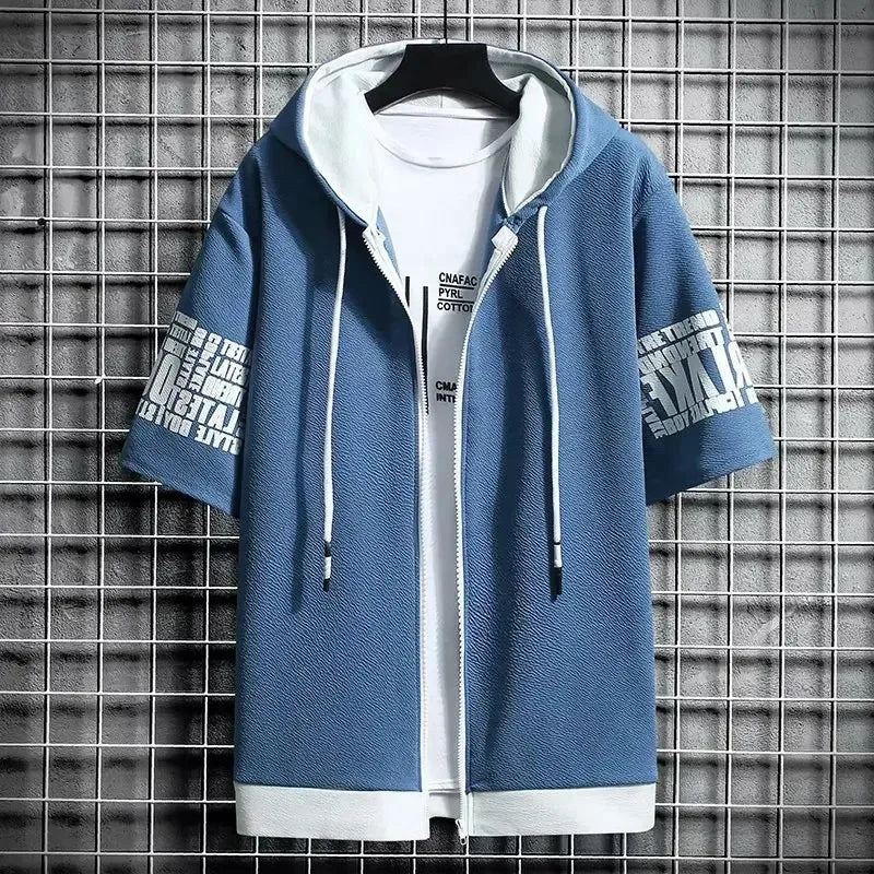 Fashion Men's Hoodies Summer Men Clothing T-shirt Zipper Hood Cartoon Casual T Shirt Print Hooded Top Short Sleeve Men
