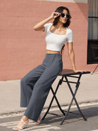 TACVASEN High Waisted Fashion Wide Leg Trousers Womens Loose Casual Long Pants Lightweight Soft Button Closure 2 Pockets Pants