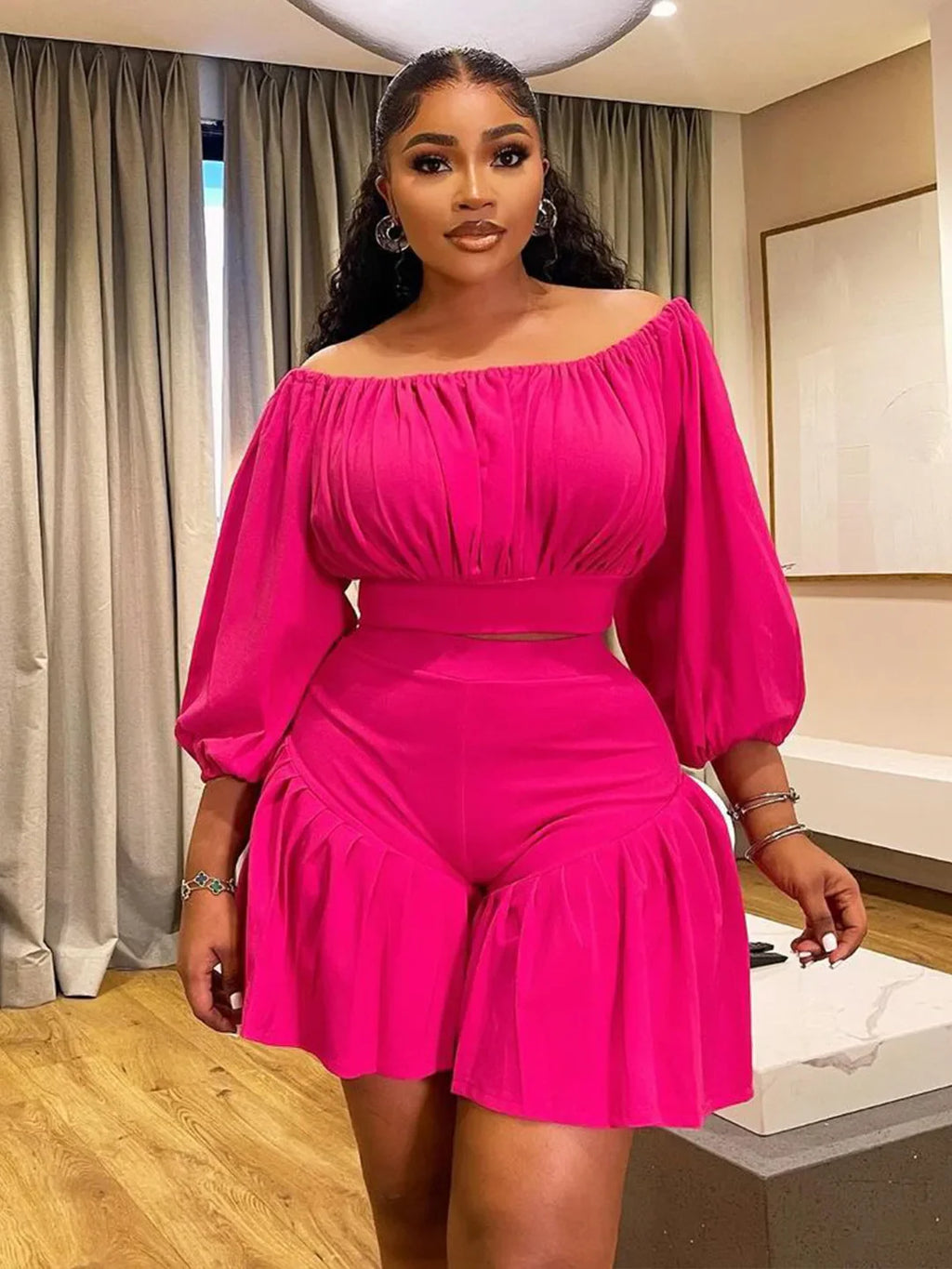 CM.YAYA Plus Size Women's Set Long Sleeve Slash Neck T-Shirt and Shorts 2025 Summer Ruched Two 2 Piece Set Outfits Tracksuit