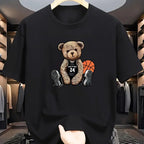 Men's summer 100% pure cotton fashionable casual loose plus size Leisure Bear printed sports round neck short sleeved T-shirt