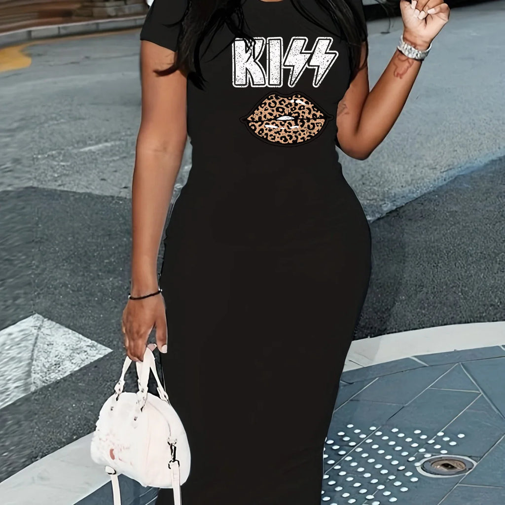 Women's Spring and Summer Fashion Casual Slimming KISS Leopard Lipprint Printed Round Neck Short Sleeve Sexy Dress