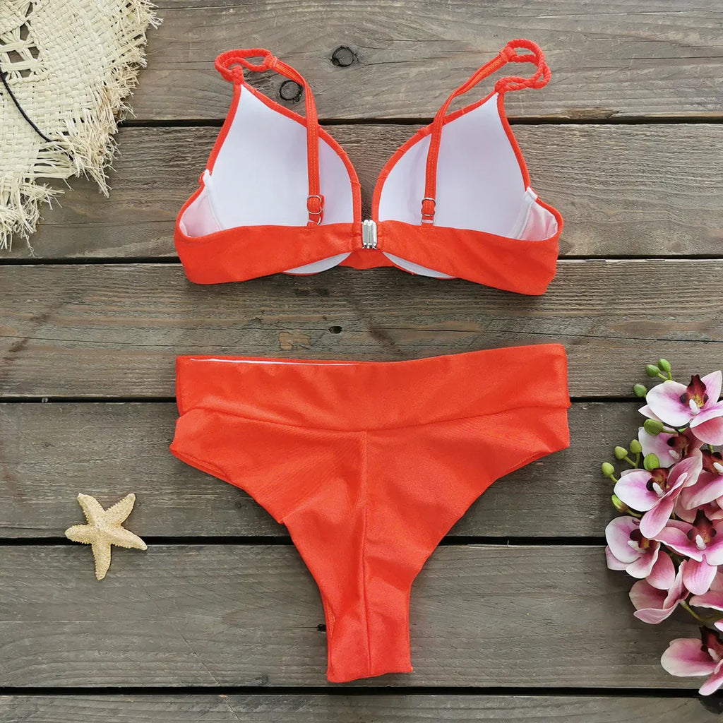 Cheap Push Up Bikinis Women Swimsuits  Solid Padded Women Swimwear Vintage Female Swimsuit High Waist Biquini Bathing Suit