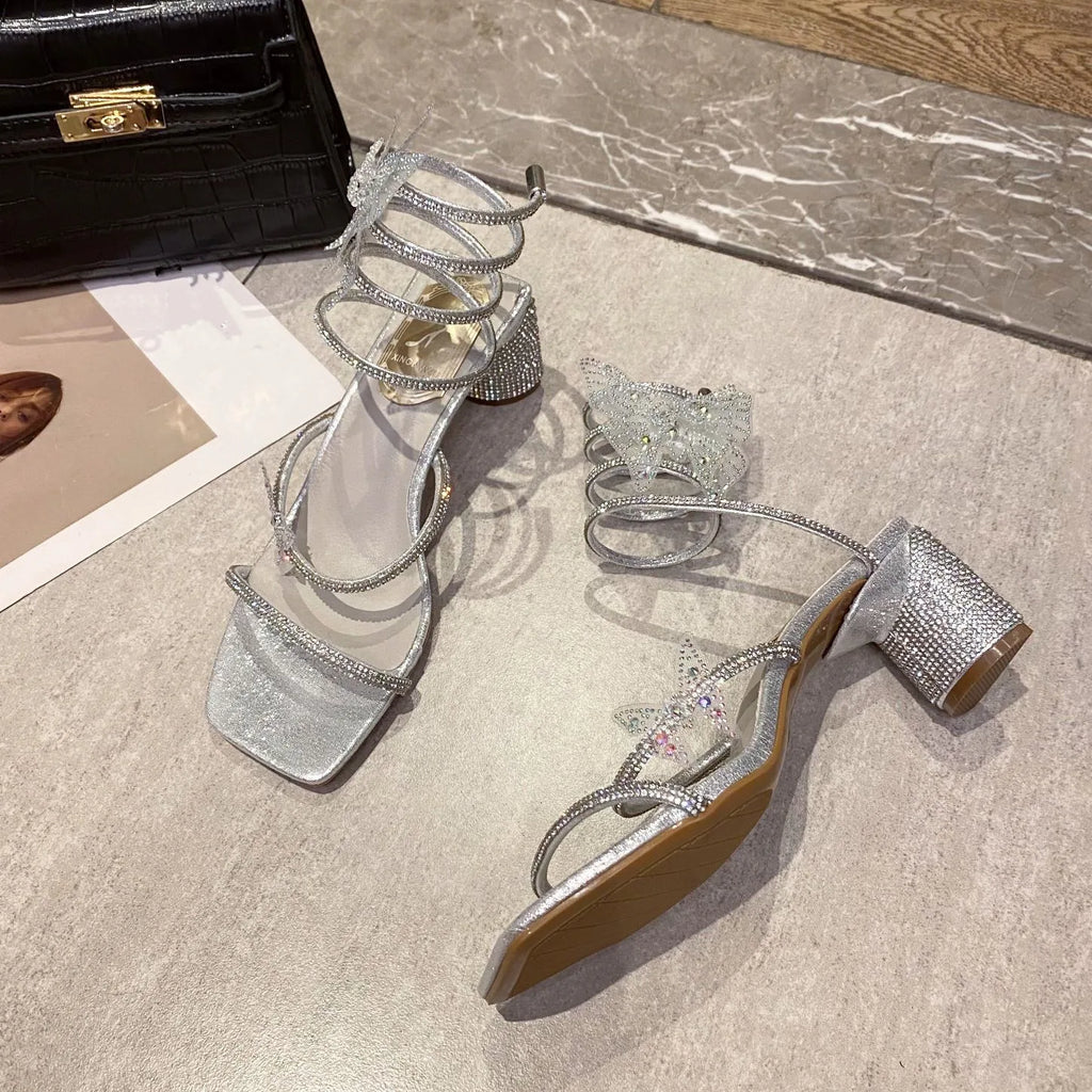 Xibeilove 2024 Summer Luxury Women Sandals Crystal Square Head Gold Rhinestone Snake Pattern High Heels Wedding Party Shoes