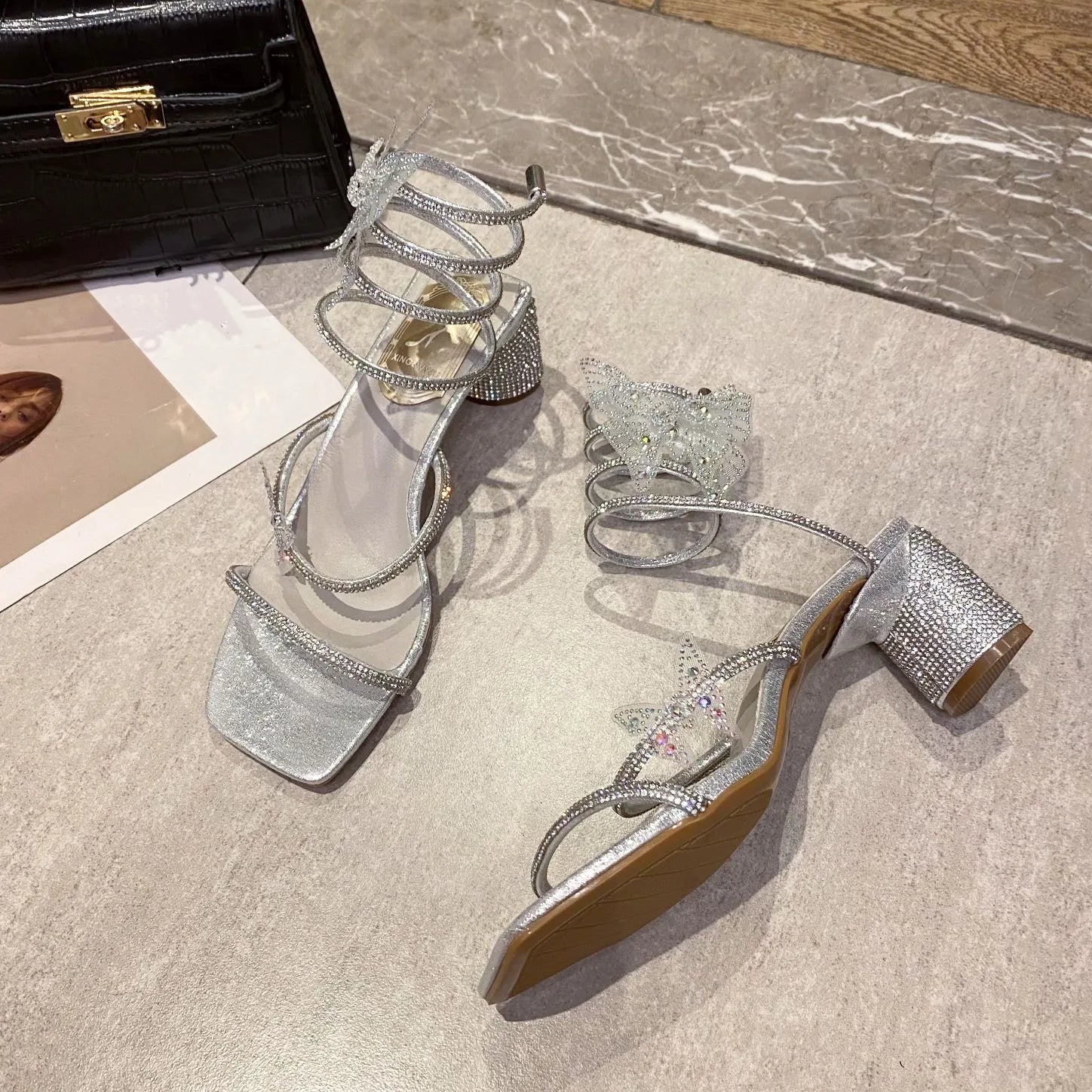 Xibeilove 2024 Summer Luxury Women Sandals Crystal Square Head Gold Rhinestone Snake Pattern High Heels Wedding Party Shoes