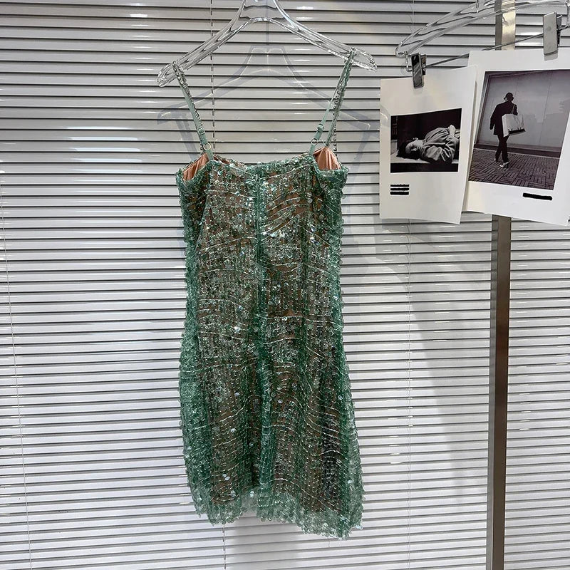 DEAT Heavy Industry Diamond Chain Pearl Suspender Dresses Women For Women 2024 Summer New Party Strap Dress Female 29L7707