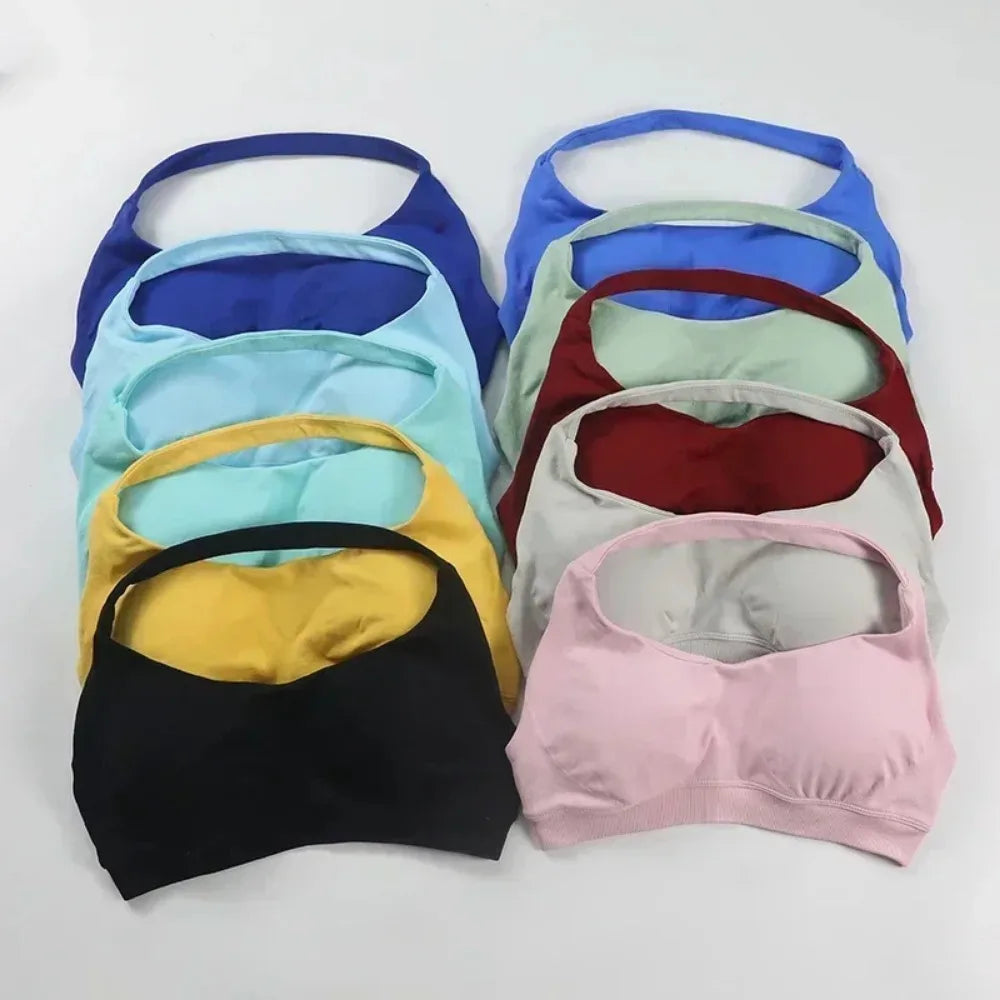 D LOGO Sports Bra Women Seamless Halter Neck Strap Bra with Logo Padded Open Back Yoga Top Bra Medium Support Gym Crop Top