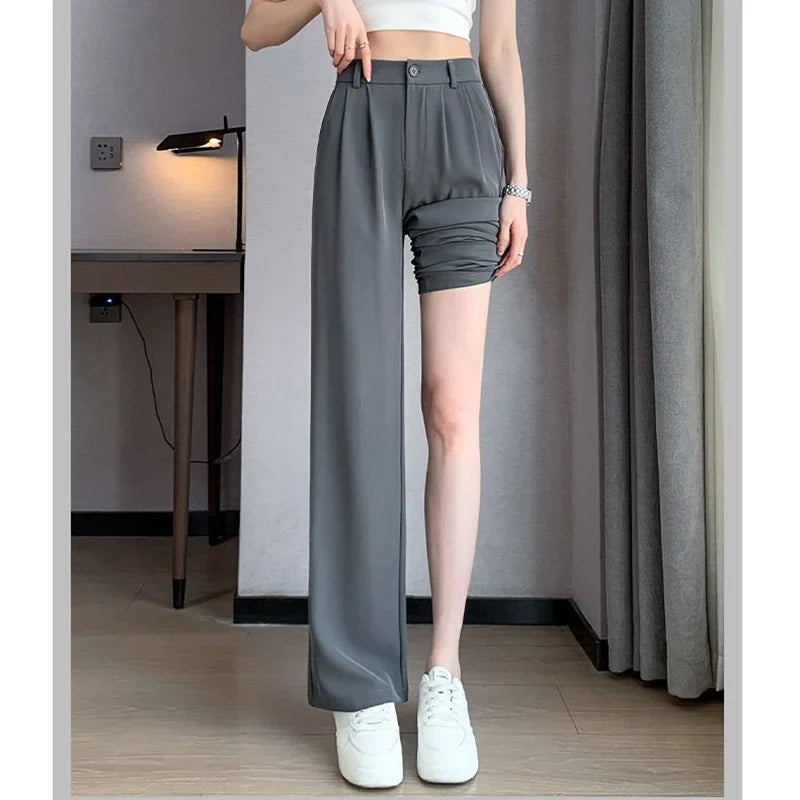 Women Full Length Pants Lady Baggy High Waist Wide Leg Solid Color Trousers Lady Straight Leg Mom Classic Office Pants Slacks