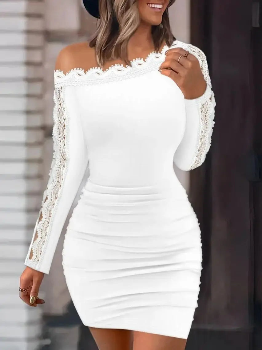 Autumn and Winter New Solid Lace Splice One line Neck Tight Wrap Hip Sexy Long Sleeve Dress for Women