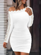 Autumn and Winter New Solid Lace Splice One line Neck Tight Wrap Hip Sexy Long Sleeve Dress for Women
