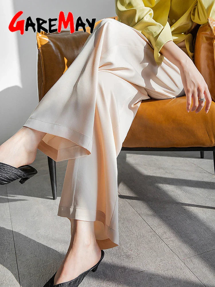 Garemay Summer Autumn Women's Pants Loose Solid Classic Black Straight High Waist Casual Silk Satin Wide Leg Trousers for Women