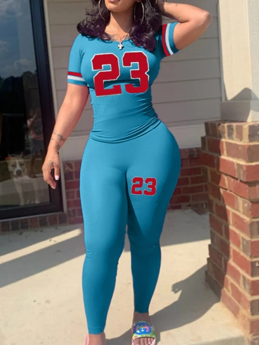 LW Plus Size Number 23 Print Pocket Design Pants Set Pullover Short Sleeve O Neck Top&Sheath Elastic Waist Trousers Fitness 2pc