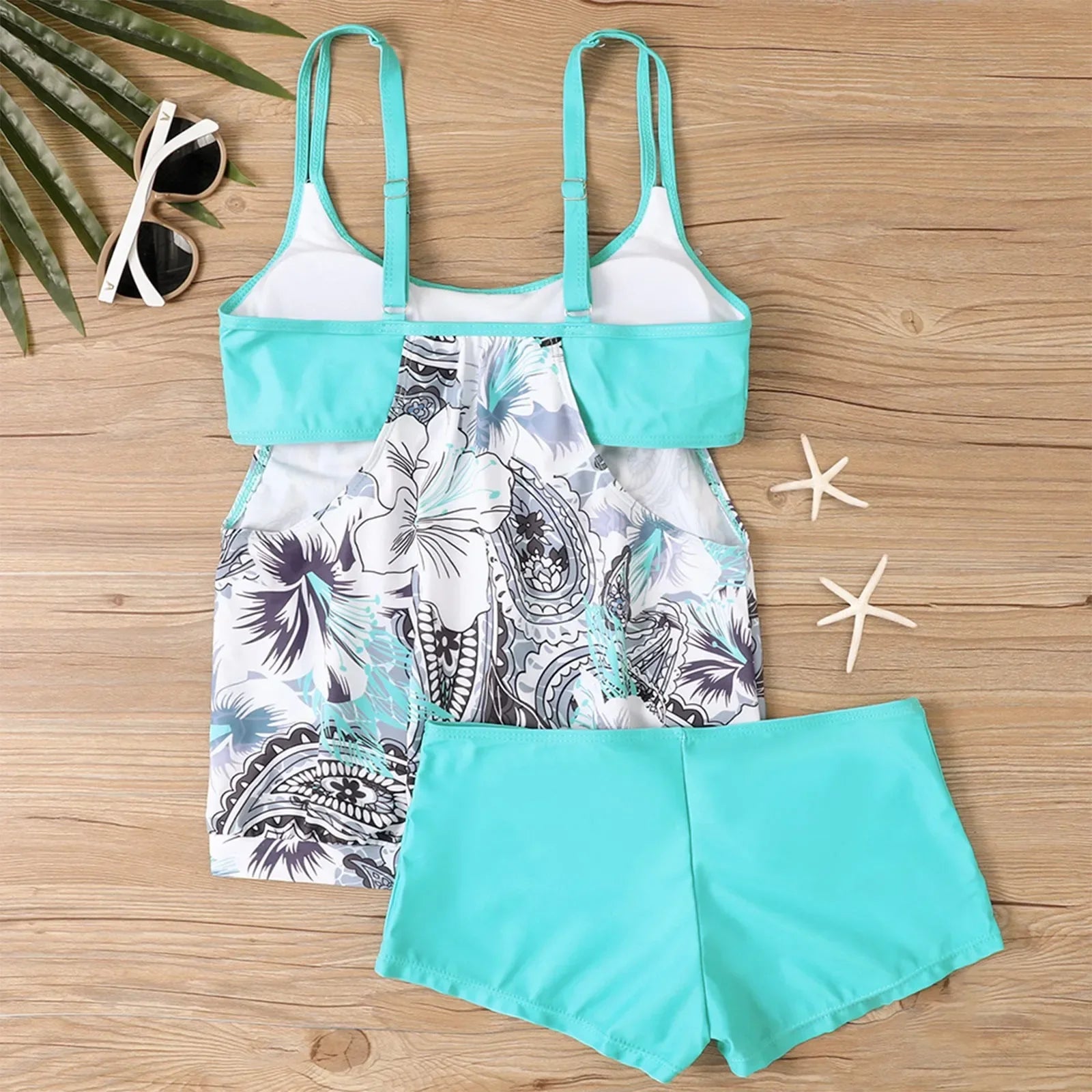 Women's Sexy Slim fit printed suspenders slit boxer shorts bikini plus size swimsuit two piece comfortable pretty swimwear swims