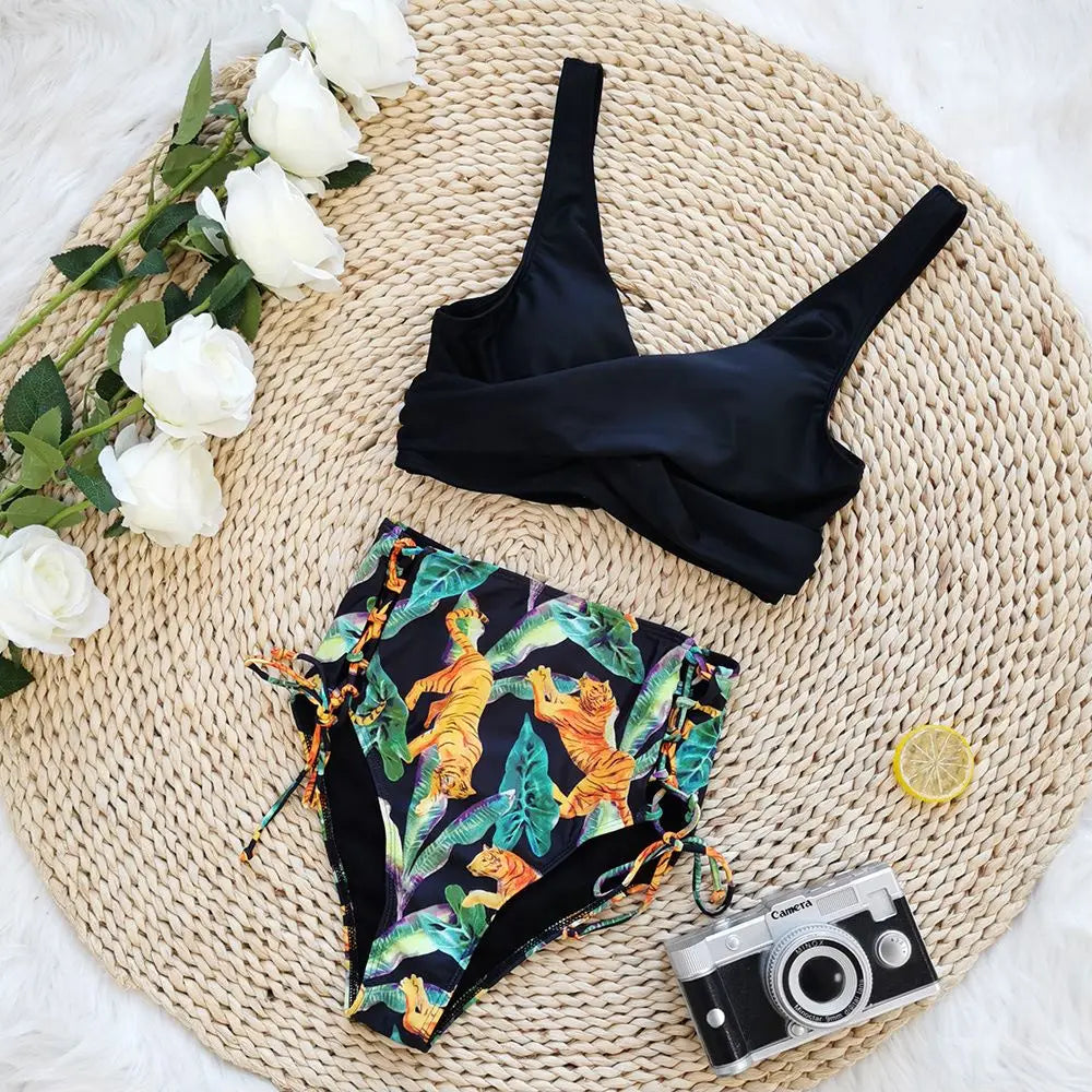 Floral Print V Neck Bikini Sets, Tie Back Tie Side Cut Out High Waist High Cut Two Pieces Swimsuit, Women's Swimwear & Clothing