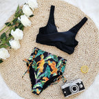 Floral Print V Neck Bikini Sets, Tie Back Tie Side Cut Out High Waist High Cut Two Pieces Swimsuit, Women's Swimwear & Clothing