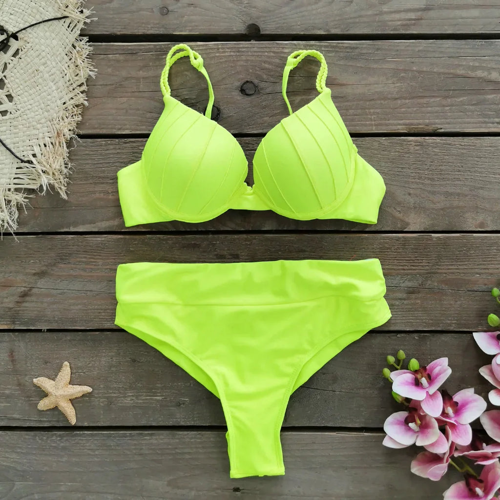 Cheap Push Up Bikinis Women Swimsuits  Solid Padded Women Swimwear Vintage Female Swimsuit High Waist Biquini Bathing Suit