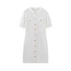 Elegant Women's Knitted Short Sleeve Dress Single Breasted High Waist Button Mini Curvy Dresse Knitwears White Black Summer 2025