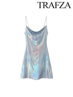 TRAF Women's Metallic Colour Glitter Dress Sexy Backless Sleeveless Spaghetti Strap Dresses Party Bar Sleeveless Short Dresses