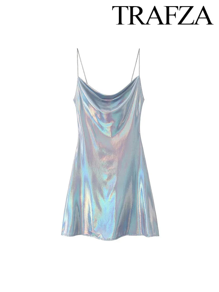 TRAF Women's Metallic Colour Glitter Dress Sexy Backless Sleeveless Spaghetti Strap Dresses Party Bar Sleeveless Short Dresses