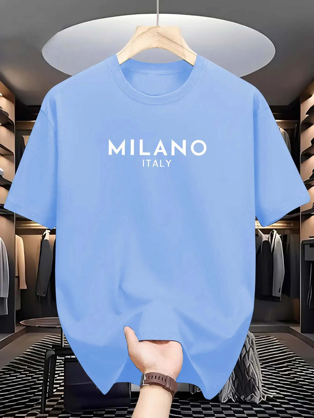 Summer men's 100% pure cotton casual loose and fashionable MILANO ITALY letter printed round neck short sleeved T-shirt top
