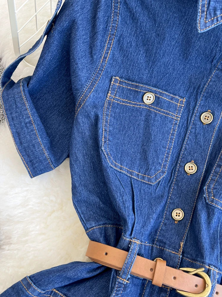 XFPV Women's Sweet Short Denim Dress For Women  Belt Slim Short Sleeved Vestidos Korean Fashion Spring Summer 2025 SM11153