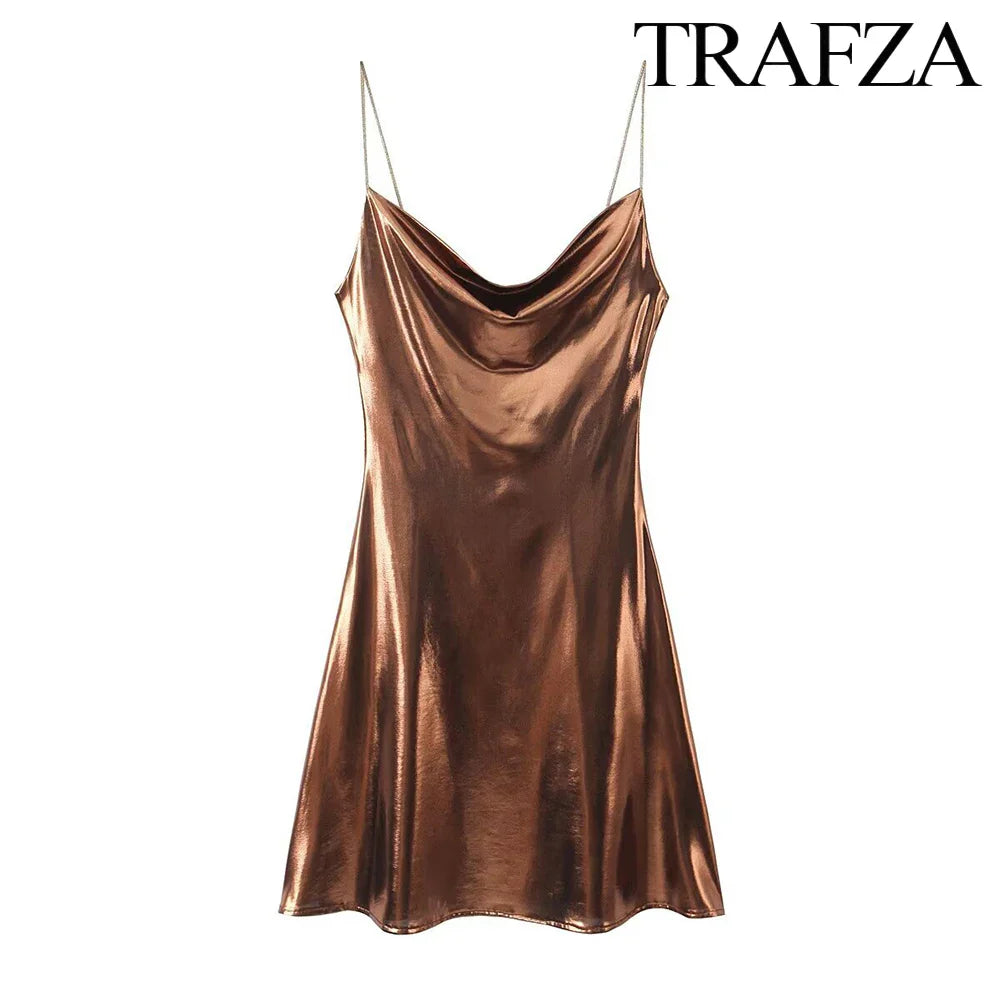 TRAF Women's Metallic Colour Glitter Dress Sexy Backless Sleeveless Spaghetti Strap Dresses Party Bar Sleeveless Short Dresses