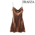 TRAF Women's Metallic Colour Glitter Dress Sexy Backless Sleeveless Spaghetti Strap Dresses Party Bar Sleeveless Short Dresses