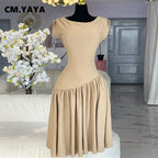 CM.YAYA Women Ruched Shoulder Big Swing Ball Gown Pleated Vintage Dress 2025 Sexy Club Party Evening High Street Dresses