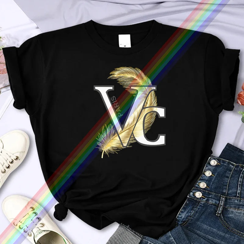 For Women's Luxury Brand High-Quality Summer Feather Printing T-shirt 100% Cotton Casual Oversized Y2k Personality Sleeve O-neck