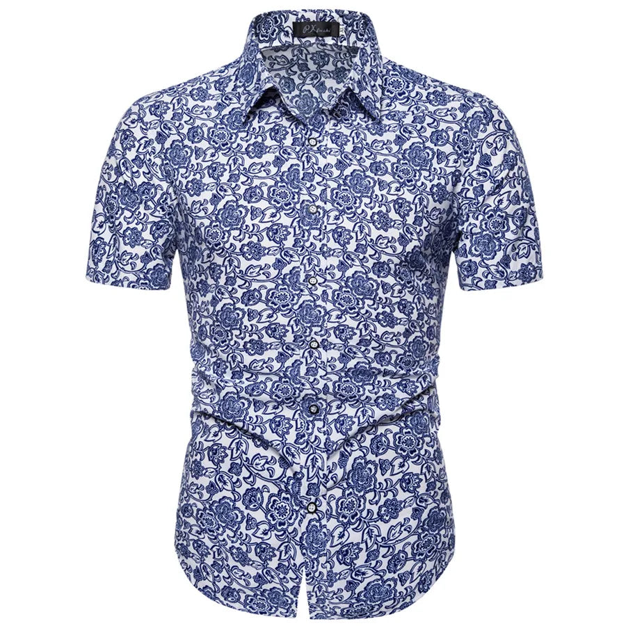 Summer New Men's Short Sleeved Shirt Thin Collar Hawaiian Style Floral Shirt Vacation Series Men's Shirt