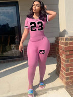 LW Plus Size Number 23 Print Pocket Design Pants Set Pullover Short Sleeve O Neck Top&Sheath Elastic Waist Trousers Fitness 2pc