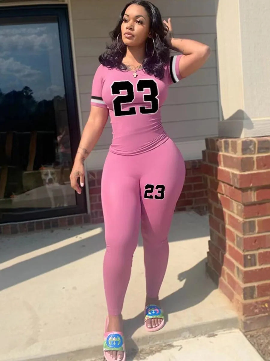 LW Plus Size Number 23 Print Pocket Design Pants Set Pullover Short Sleeve O Neck Top&Sheath Elastic Waist Trousers Fitness 2pc