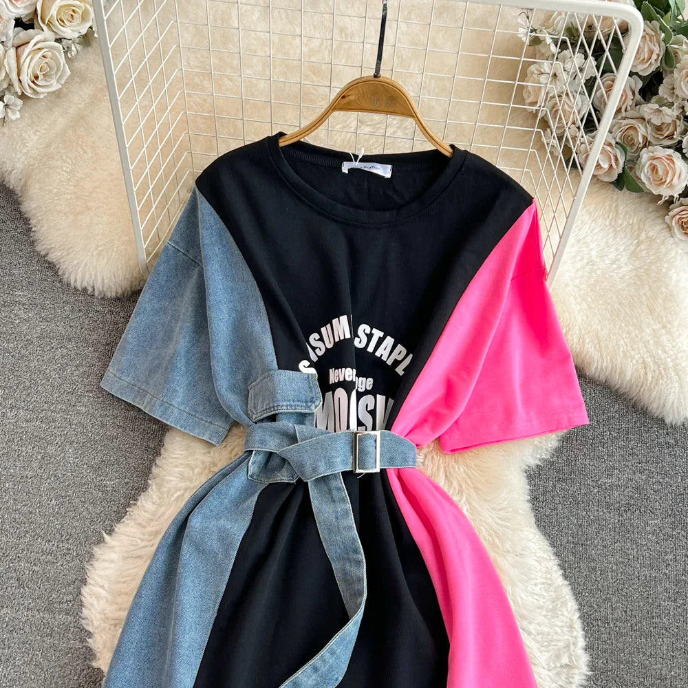 XFPV 2025 Summer Fashion Short Sleeve Round Neck High Waistband Slim A-line Denim Printed Patchwork Dress For Women SM11498